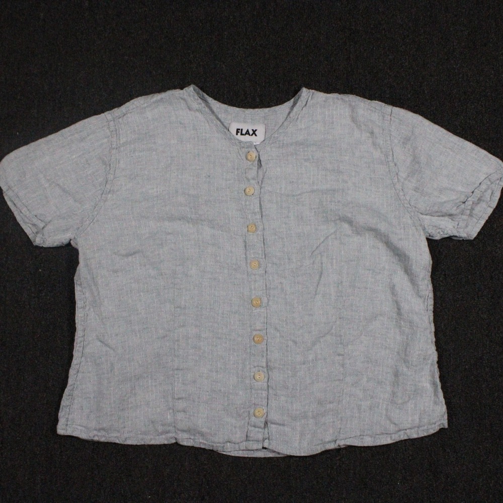 Flax Linen Button Down Shirt Womens 1G Blue Grey Excellent Short Sleeve Striped